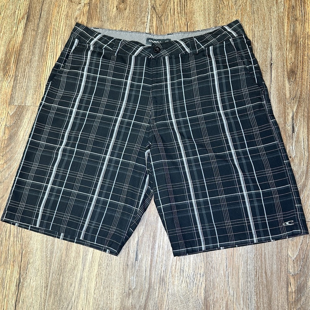 O'Neill Men's Shorts Black White Plaid Casual Walking Hybrid Pockets Sz 36 10.5"